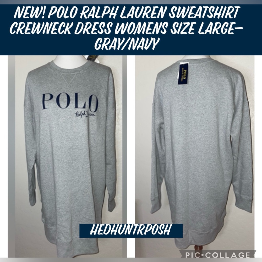 New! Polo Ralph Lauren New Logo Gray/Navy Fleece Sweatshirt Dress Womens Large🤍
